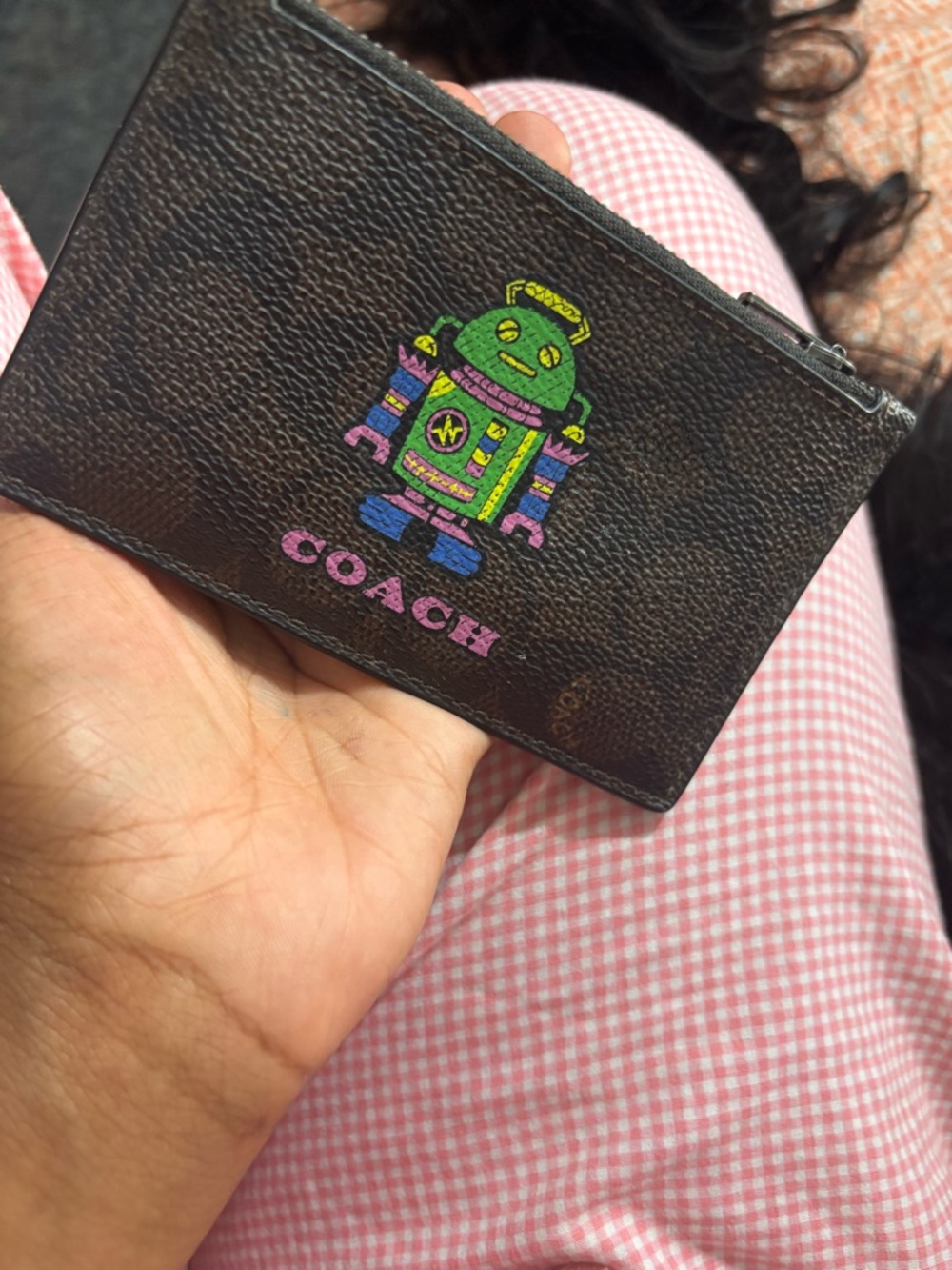 Coach Dark Brown Pebbled Leather Zip Card Case with Colorful Robot